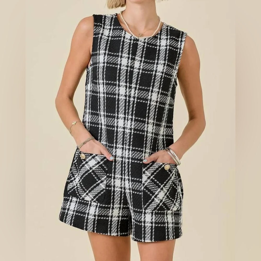 Black and White Plaid Sleeveless Romper